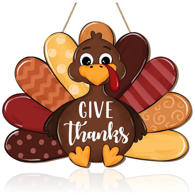 11.8×9.4 Inch Thanksgiving Turkey Wooden Door Hanger, Give Thanks Cartoon Turkey Wall Sign for Fall Harvest Front Door Decor