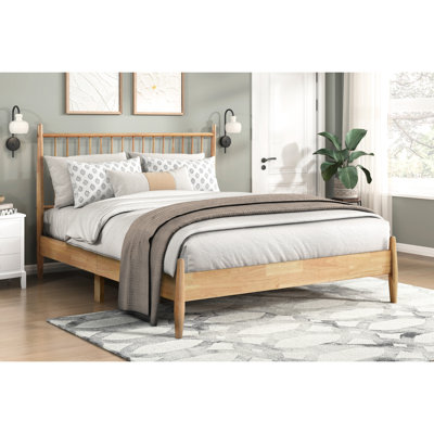 Grand lit plateforme en bois naturel de style moderne Mid-Century, meubles de chambre à coucher avec tête de lit et lattes, lit sans sommier requis, finition, rails à lattes,