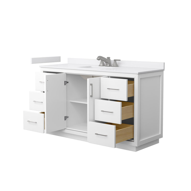 Icon 60" Freestanding Single Bathroom Vanity with Cultured Marble Top, Brushed Nickel, White