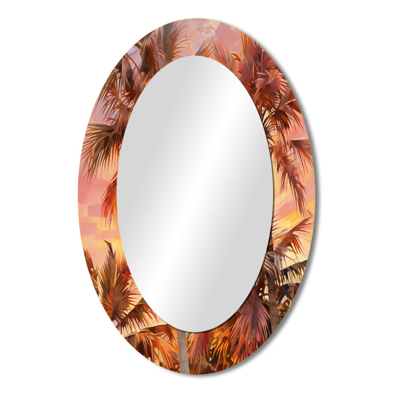 Rose Radiance Sunset Palm Trees I - Large Oval Wall Mirror On Metal, 36" H x 24" W