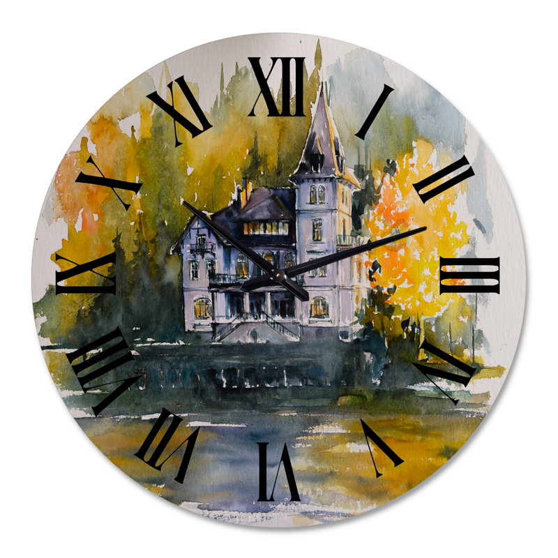 Château au bord du lac avec arbres d'automne - horloge murale Lake House, Surdimensionné