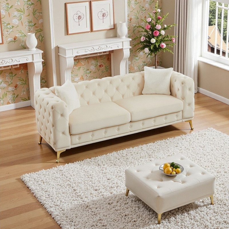 Canapé en velours 82,5 pouces avec boutons matelassés Chesterfield, Beige