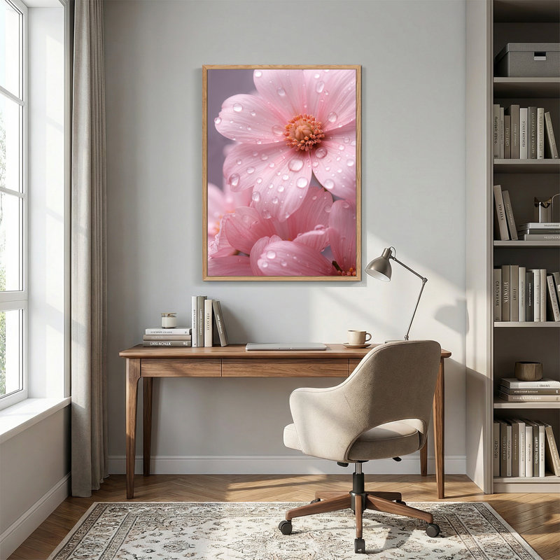 Toile rose avec gouttelettes d'eau sur pétales, H 48 po x l 32 po