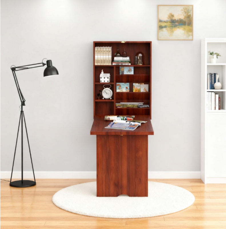 Bureau mural, bureau convertible escamotable, acajou