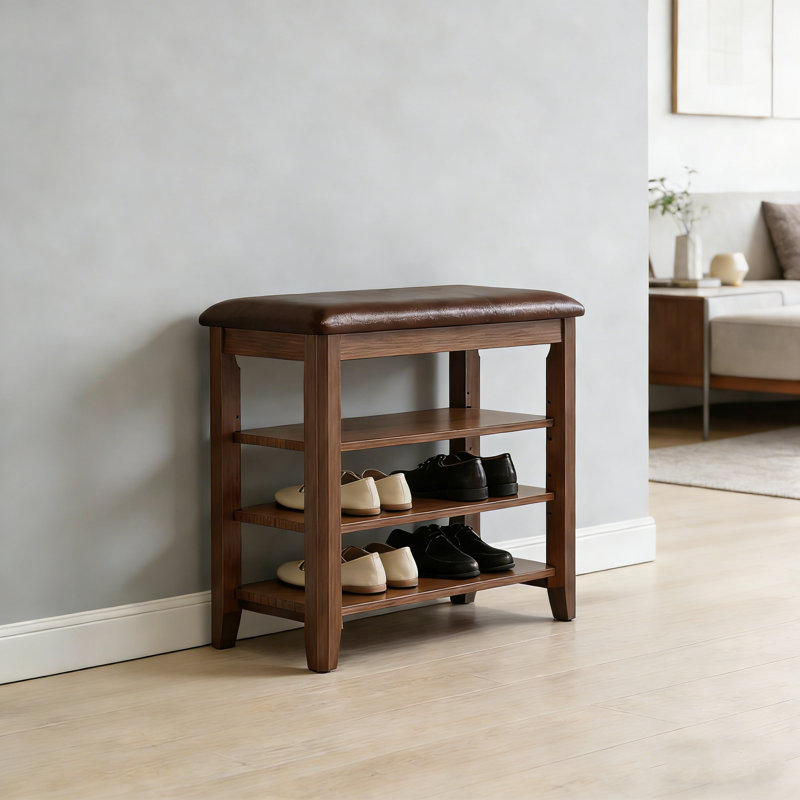3-Tier Adjustable Shoe Bench With Leather Cushion — Walnut-Finish Entryway Storage Stool For Hallways & Mudrooms
