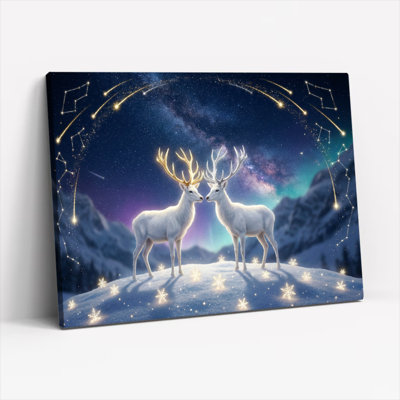 Ensemble de 1 tableau sur toile tendue représentant un cerf blanc sous un ciel étoilé