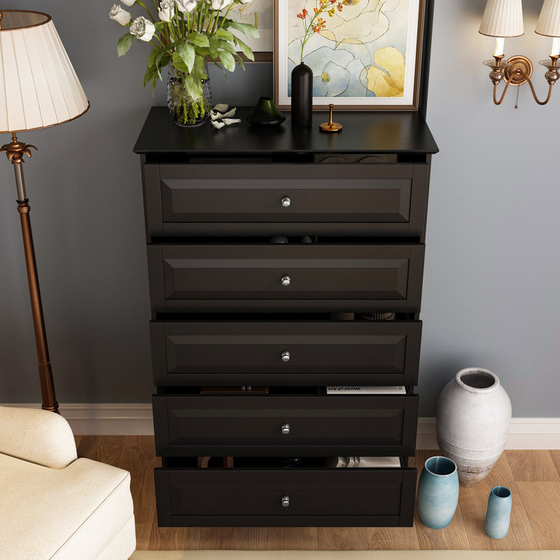 Commode 5 tiroirs avec finition noire, Noir