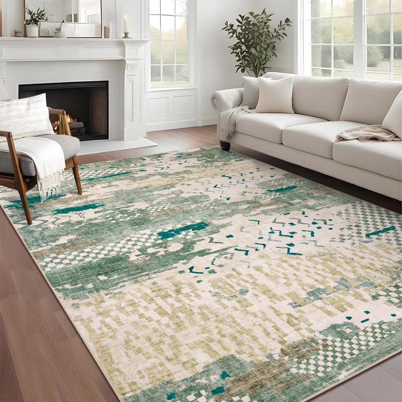 5'x7' Boho Abstract Machine Washable Area Rug with Non-Slip Rubber Backing - Low-Pile, Stain Resistant Carpet for Bedroom, Living Room