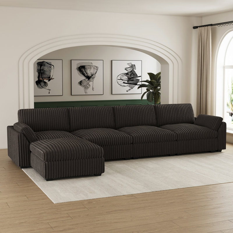 Grand canapé modulaire en velours et velours côtelé avec canapé en L et canapé de salon modulaire avec repose-pieds mobile