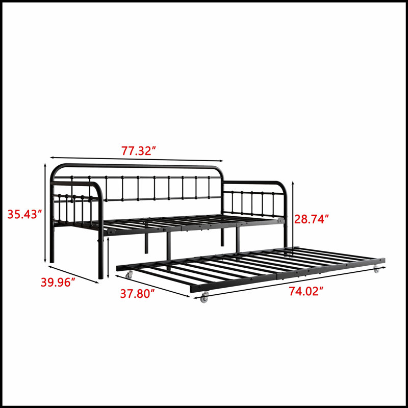 Sturdy Metal Daybed Frame with Trundle, Heavy Duty Steel Slat Support for Extra Sleeping and Storage