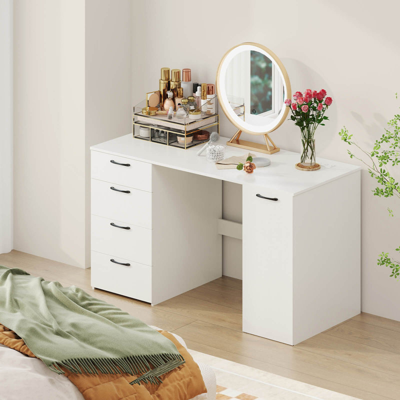 53" Computer Desk With Power Outlets Large Executive Desk With 4 Storage Drawers, White