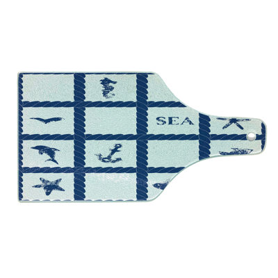 Ambesonne Ocean Tempered Glass Cutting Board Starfish Anchor Sealife Navy Blue and White