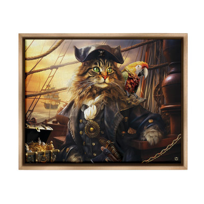 «Pirate Cat On Ship Floater Frame» par Michael David Ward sur toile