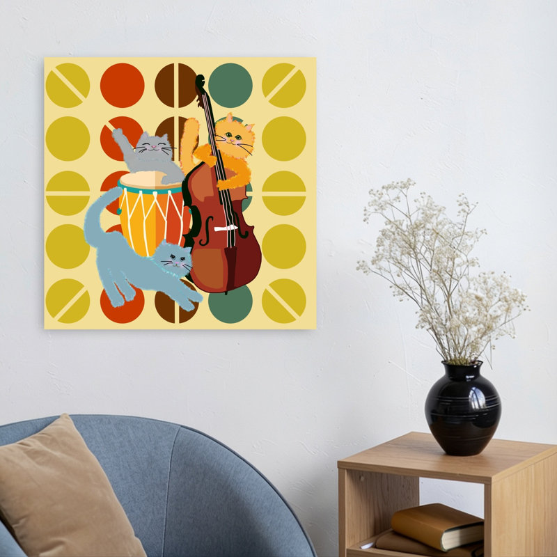 Jazzy Cat Band Retro Whimsical Contemporary Cat Wall Art Print 1 Piece Wrapped Canvas Wall Art, 60.96cm H x 60.96cm W
