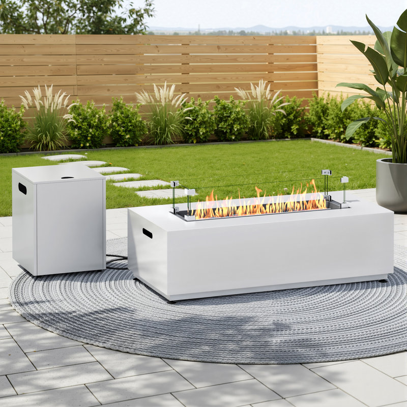 42" Rectangle Iron Propane / Natural Gas Smokeless Outdoor Fire Pit Table with Hidden Fuel Tank & Lid, White