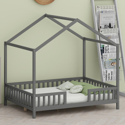 Montessori-Style House Bed Frame with Safety Rails and Canopy