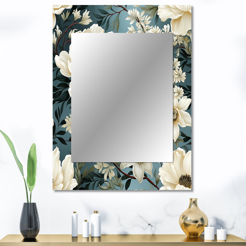 Zharyah blanc et bleu délicat coquelicots fleurs - miroir unique floral, grand miroir mural de maison, art en métal imprimé