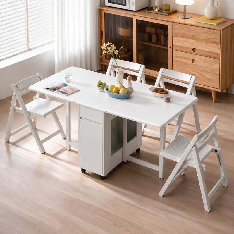 Fully Assembled Solid Wood Folding Dining Table Set, 130cm/150cm Drop Leaf Table with Hidden Chair Storage and Casters, 130CM