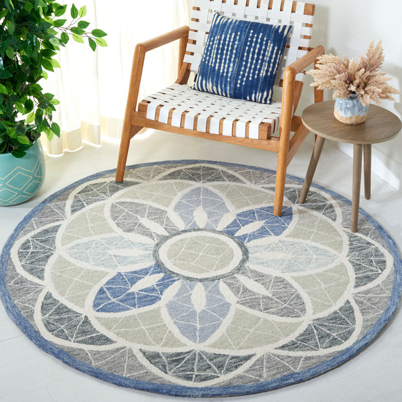 Sharitta Tufted Wool Cotton Floral Rug in Grey/Blue, Round 5'