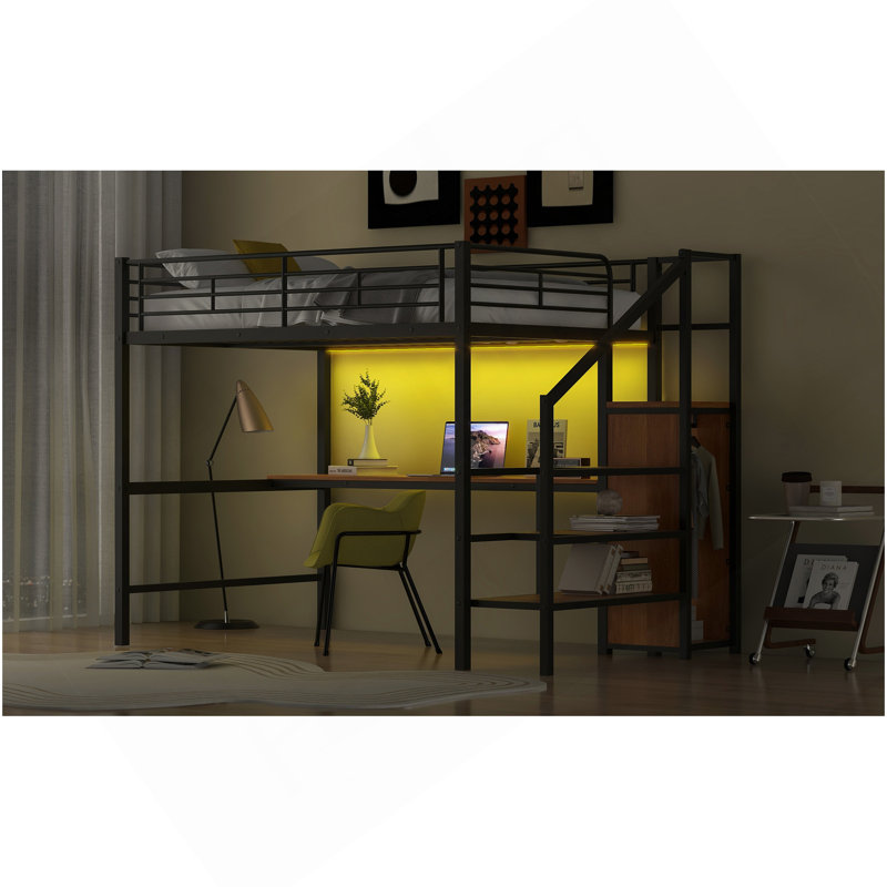 Lit mezzanine double en métal avec bureau, escalier de rangement, petite armoire et lumière DEL, noir, Noir / brun