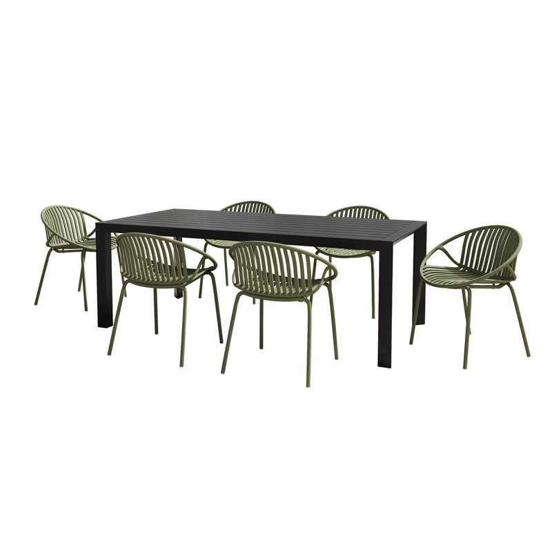 Ensemble de salle à manger d'extérieur moderne en métal et en polypropylène 7 pièces avec chaise empilable, vert et noir