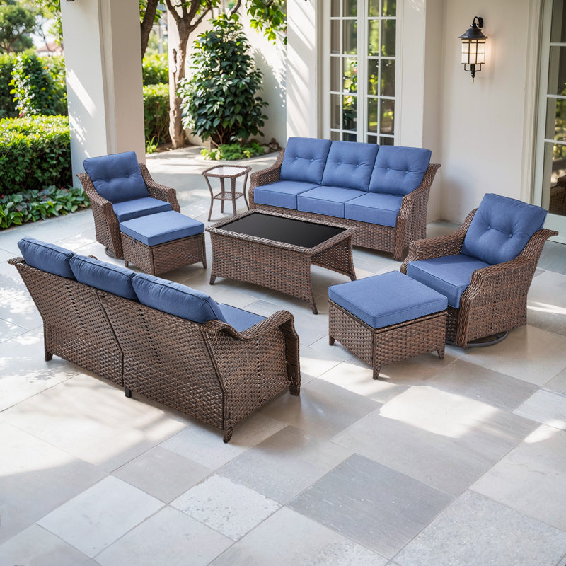 Acton 8 - Person Outdoor Wicker Sofa Seating Group With Ottomans And 6" Thick Cushions, Blue