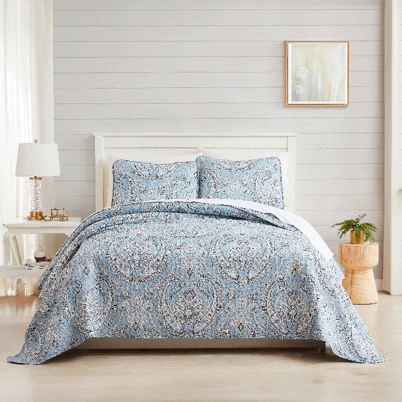 Pure Melody Oversized Light-weight Paisley Quilt Set with matching shams, Aqua blue, Full/Queen Quilt + 2 Standard Shams