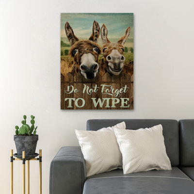 Couple Of Donkeys Smiling - Do Not Forget To Wipe - 1 Piece Rectangle Graphic Art Print On Wrapped Canvas