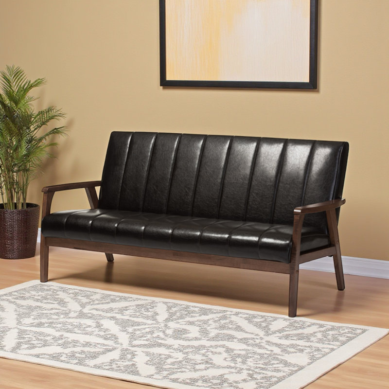 Canapé 3 places Daventry en similicuir brun de style Mid-Century moderne, H 31,33 po x l 63,09 po x P 29,3 po, Marron foncé
