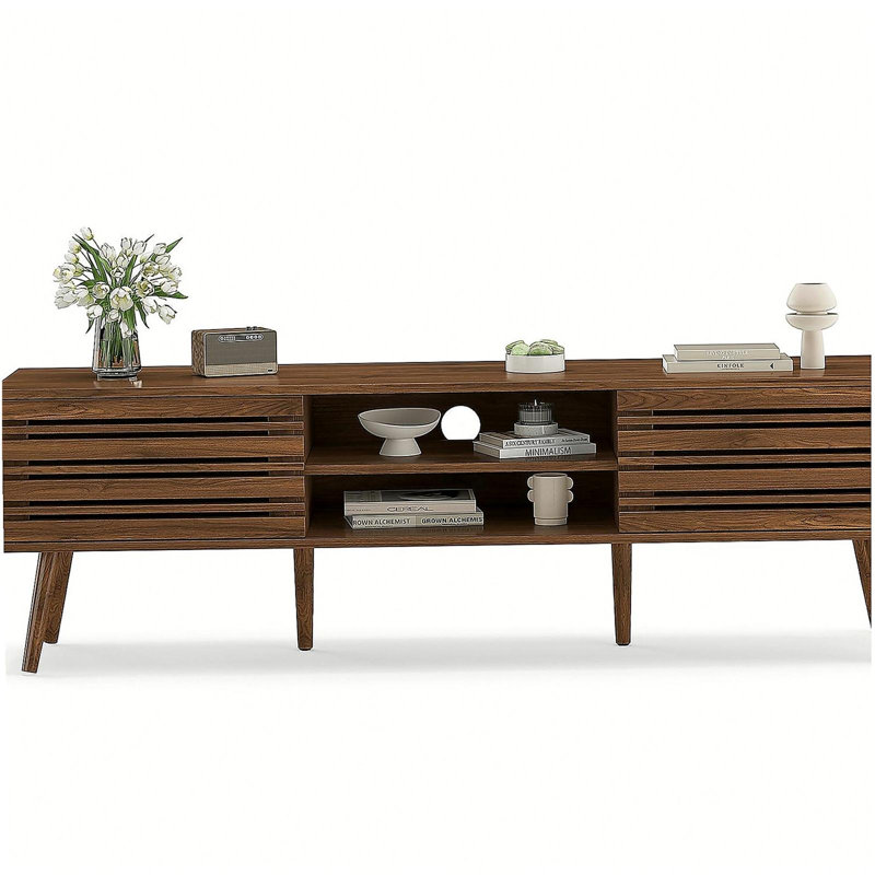 Mid Century Modern TV Stands for up to 70" TV with Storage, Fluted Wood TV Stand for Living Room, Boho Media Console, Entertainment Center with Cable Management