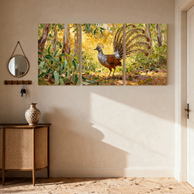 «Birds Forest Bird», ensemble de 3 impressions sur toile, plumes et feuilles