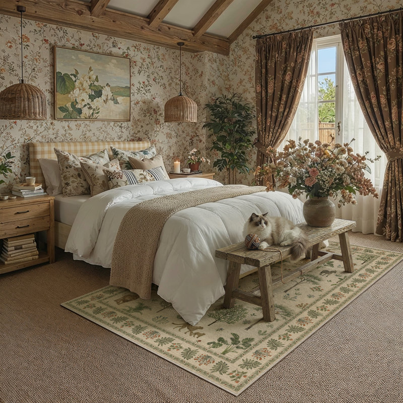 Sofia Wildlife Pattern Washable Faux Linen Area Rug With Non-Slip Backing, Rectangle 6' x 9' 