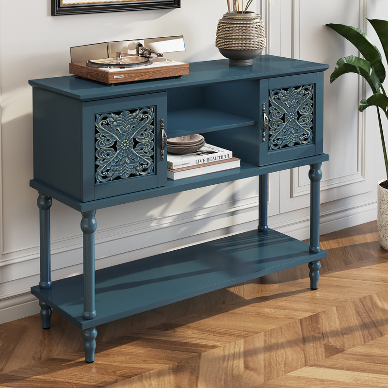 42" Carved Wood Console Table with Cabinet and Shelves, Roman Column Legs for Entryway, Blue, Blue