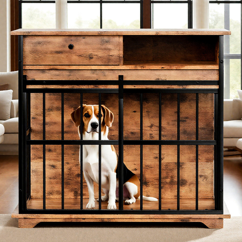 Cage pour chien spacieuse avec plateau et compartiment latéral, assemblage facile, rangement fonctionnel pour l'extérieur, placage vieilli, intérieur moderne