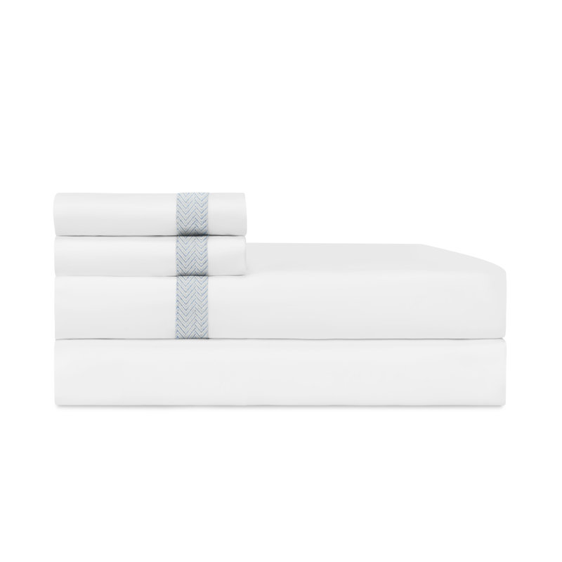 Houston Percale Sheet Set, Full Sheet Set, White/Light Denim