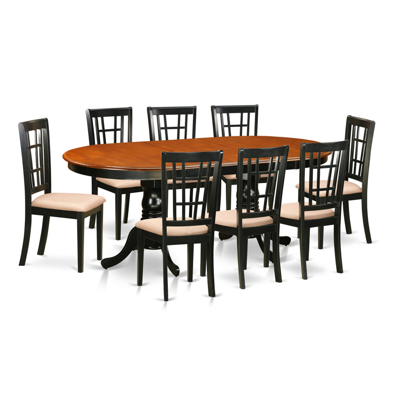 9 Piece Modern Dining Table Set Includes an Oval Wooden Table with Butterfly Leaf and 8 Linen Fabric Kitchen Dining Chairs, Black & Cherry