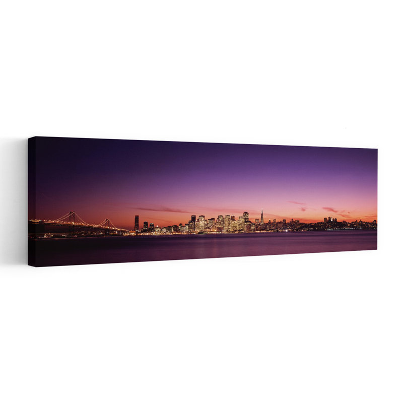 Suspension Bridge With City Skyline At Dusk Bay Bridge San Francisco Bay San Francisco California USA by Thomas Winz - Wrapped Canvas Panoramic Print