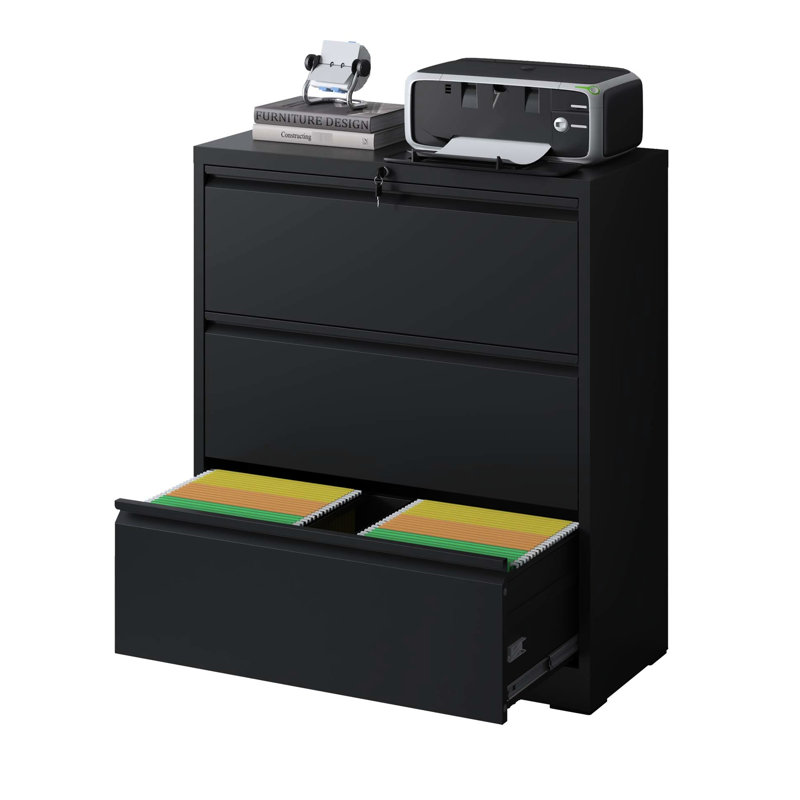 3 Drawer Filing Cabinet With Lock For Home Office - Metal Material, Silent Full Extension Slides, 110Lbs Per Drawer, Tilt Design Modern Lateral In Matte Black Lockable Drawers, Operation, Feature
