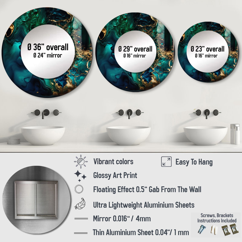 Otoniel Abstract Geode Marble Green And Blue II - Marble Wall Mirror, Modern Decorative Mirror, Printed Metal Art, 36" x 36"