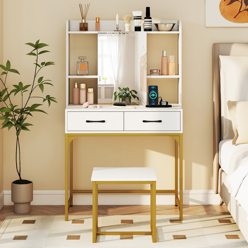 Vanity Set w/ Mirror Cabinet Modern Makeup Vanity Table w/ Stool 2 Drawers, White