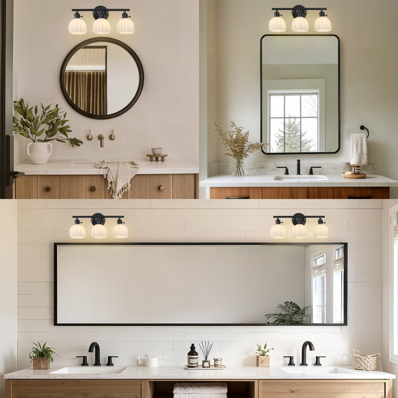 Luminaire de salle de bain à 3 lumières à intensité variable avec abat-jour en verre blanc, Noir mat, Trois lumières