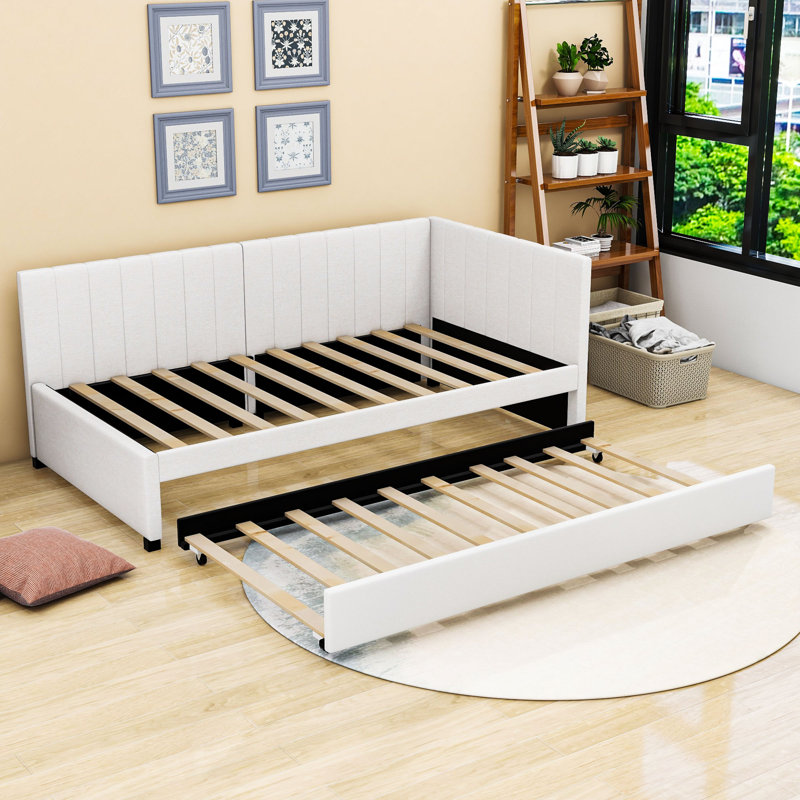 Linen Upholstered Daybed with Twin Trundle, Twin, Beige