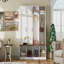 Farmhouse Hall Tree with 4 Hidden Hanging Hooks, Versatile Walnut Seating Bench with 8 Doors, Entryway Shoe Cabinet with Open Compartments for Living Room, White-194541054