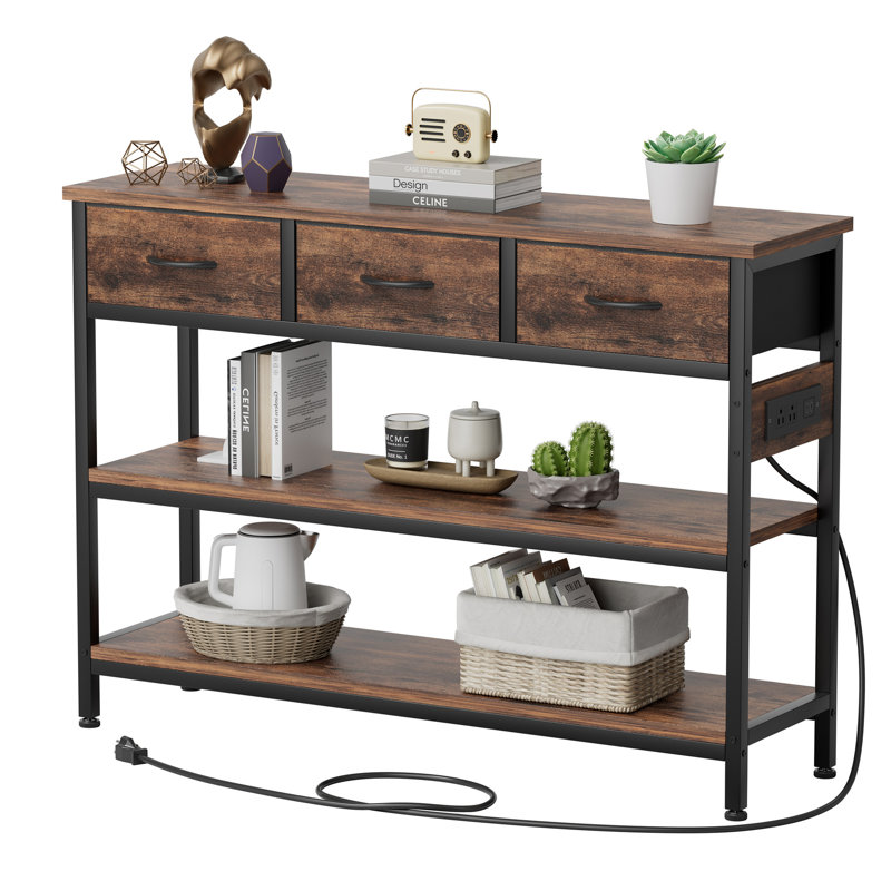 3-Tier Console Table With Charging Station & 3 Fabric Drawers,43.3'' Entryway Table With Storage Drawers And Open Shelves, Narrow Sofa Table With USB Ports And Outlets, Adjustable Feet, And Modern Design For Hallways, Living Rooms, And Small Spaces