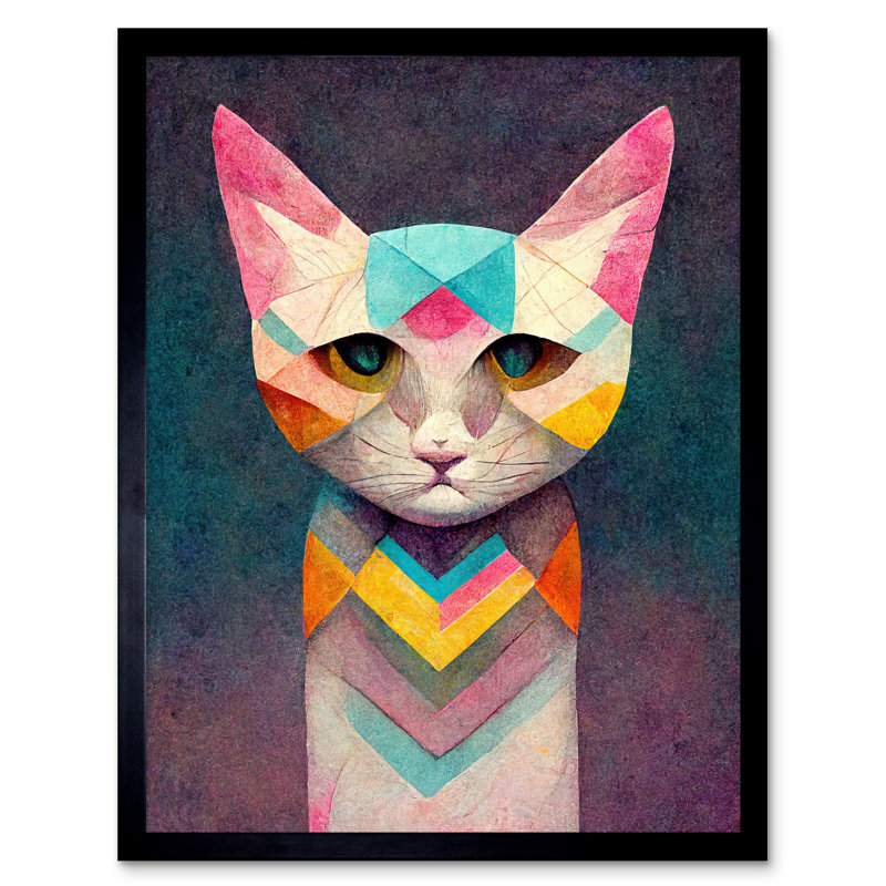 Geometric Multicoloured Pastel Cat Painting - Single Picture Frame Print