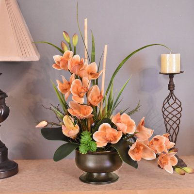 Contemporary Orange Faux Cymbidium Orchid Arrangement