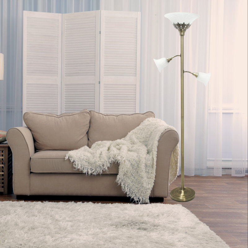 Antique Brass Finish 3-Light Floor Lamp with White Scalloped Glass Shades