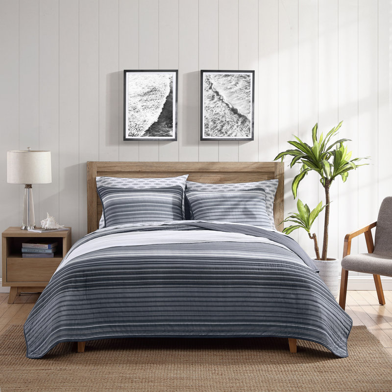 Coveside Blue Striped Cotton Twin Quilt Set