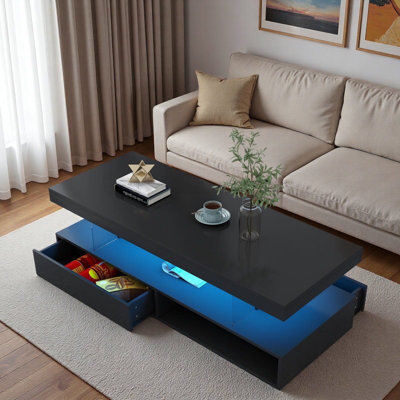 Table basse moderne à finition ultrabrillante avec 2 tiroirs, tablettes et lumières à DEL, Black