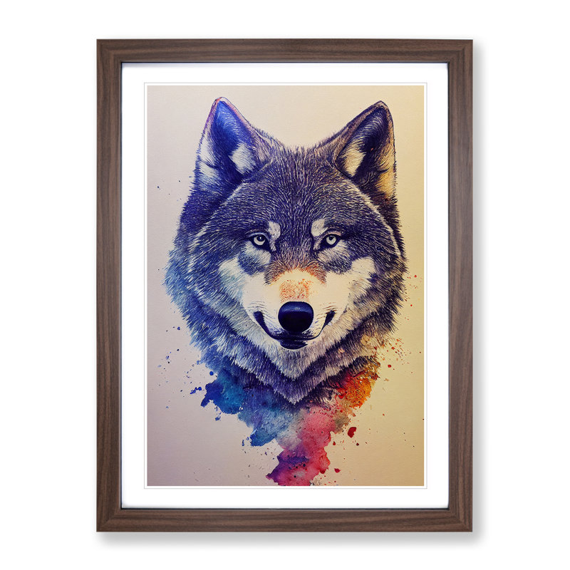 Painted Wolf No.6 - Wall Art, 46cm H x 34cm W, Walnut Framed, White